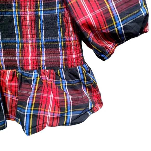 Draper James Red Plaid Smocked Peplum Poof Sleeve Top Womens Size Extra Large XL - Picture 7 of 9